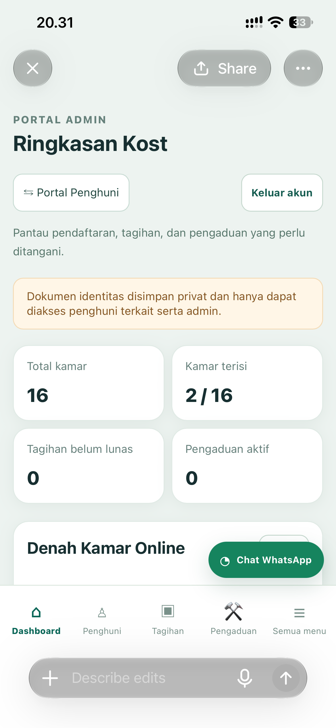 Kost 104 admin dashboard