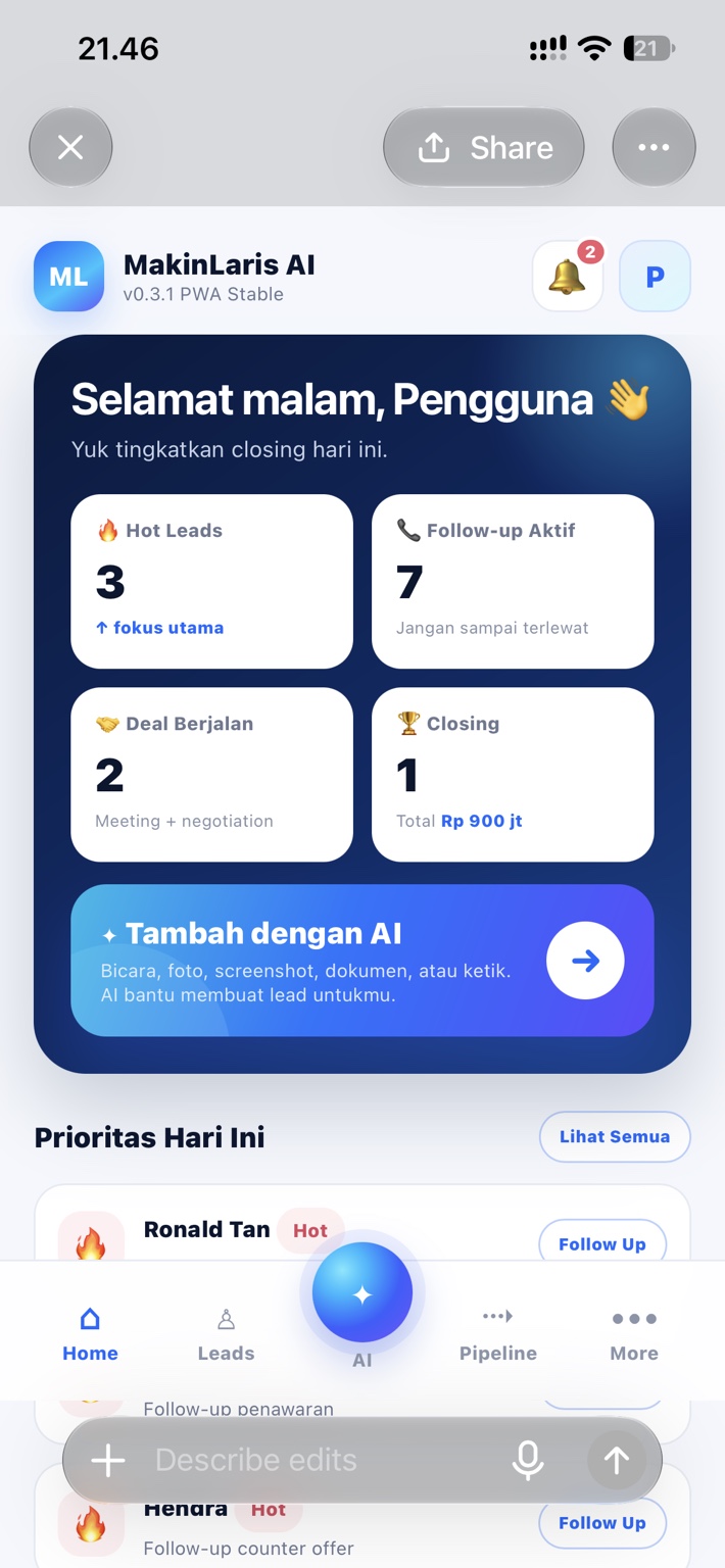 MakinLaris AI sales dashboard
