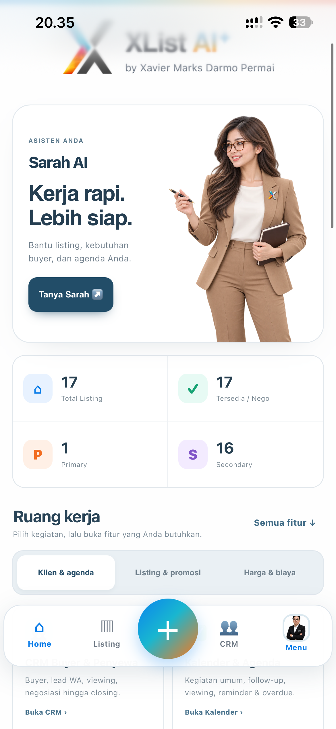 XList AI home screen with Sarah AI